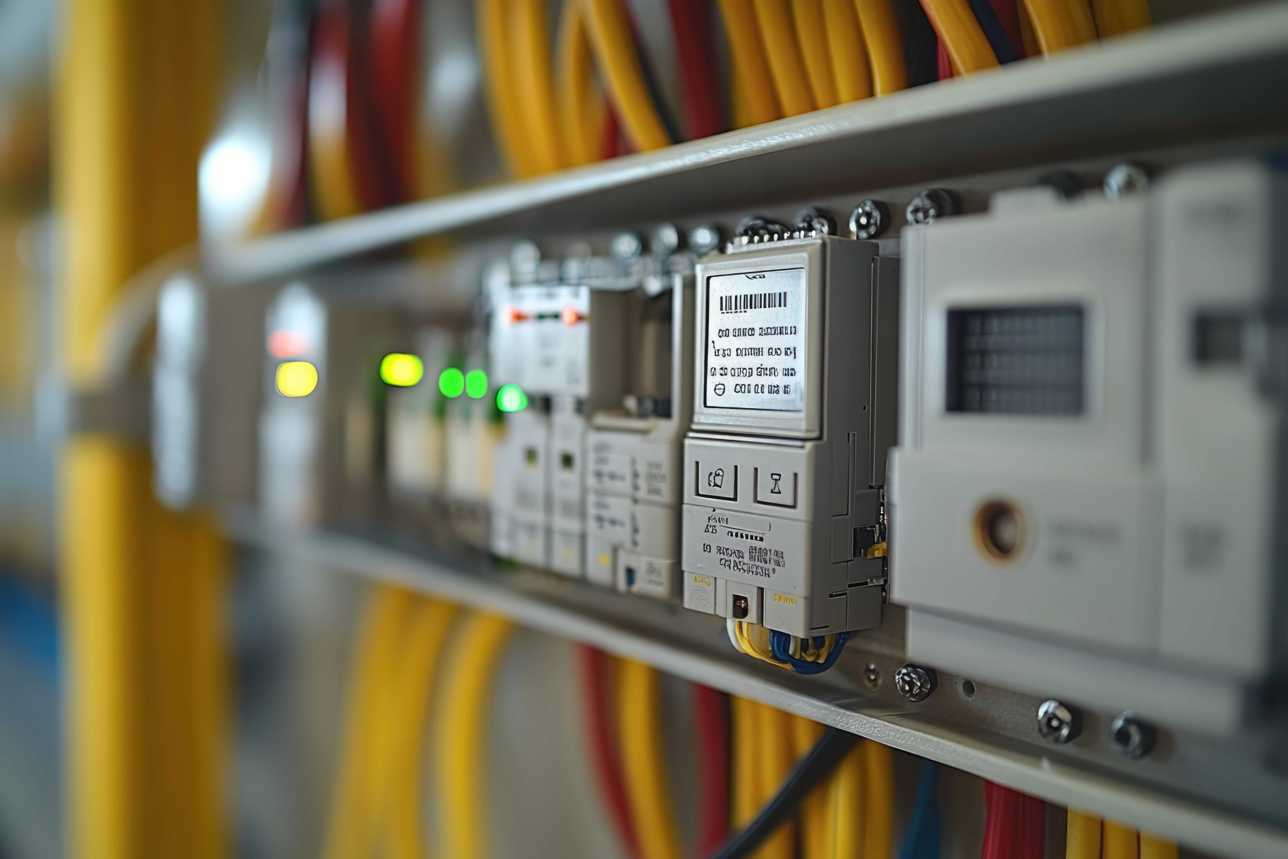 A close-up of an electrical panel with a digital meter, wires, and other electrical components.